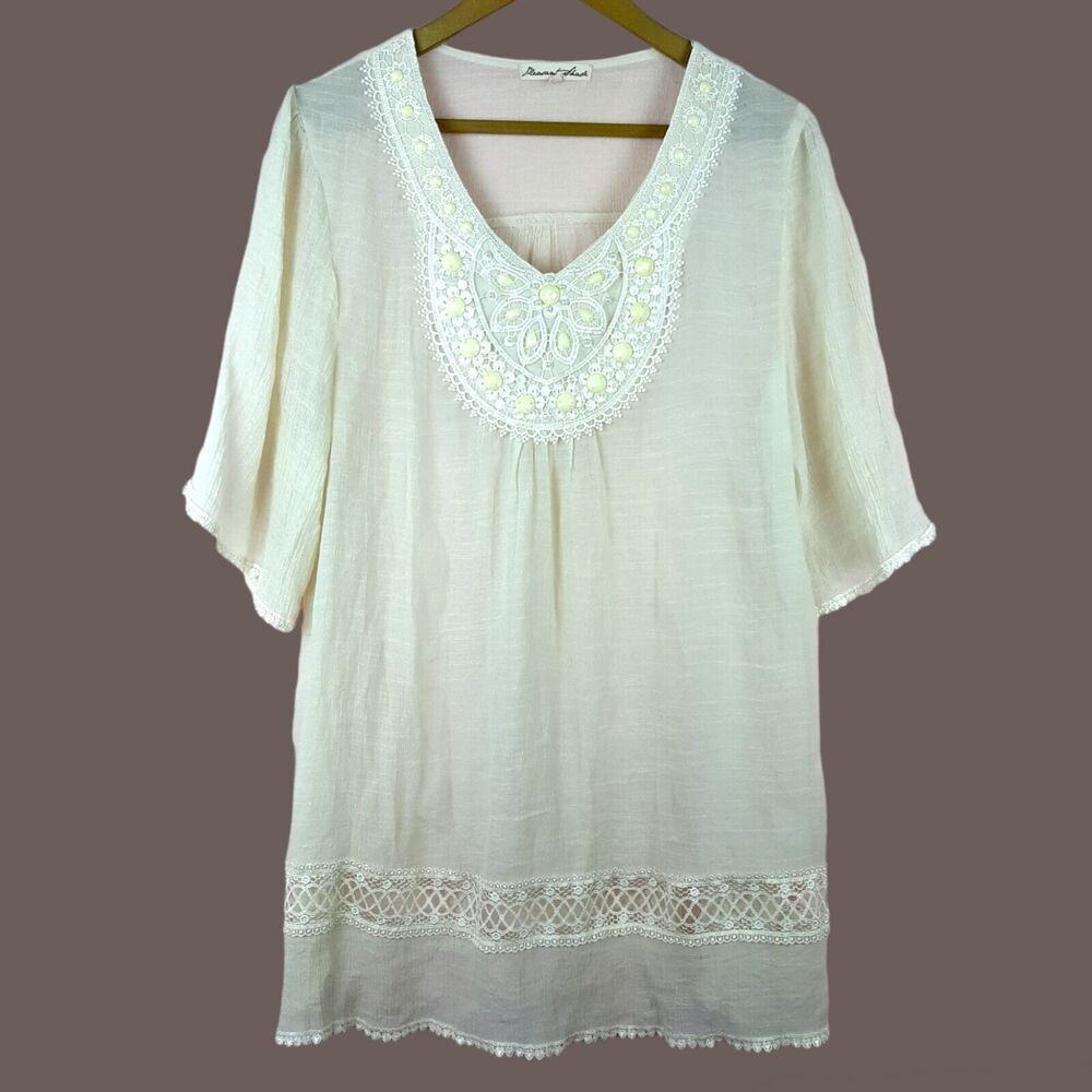 Pleasant Shade Crochet Trim Beaded Tunic Top Ivory Boho Size L